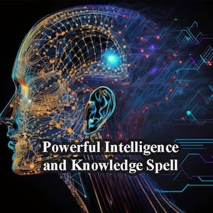 Op de afbeelding: Een digitale illustratie van een menselijk hoofd met een gloeiend blauw licht in het midden. Het hoofd is gemaakt van een netwerk van lijnen en stippen, met een blauwe en paarse achtergrond. De tekst "Powerful Intelligence and Knowledge Spell" staat onderaan de afbeelding.