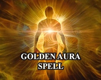 Puede incluir: Una persona con un aura dorada, rodeada de luz, con el texto "GOLDEN AURA SPELL" debajo.