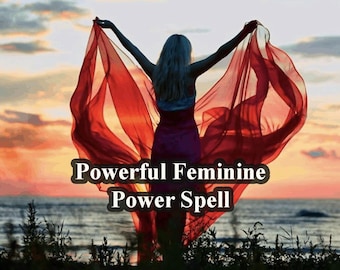Può includere: Una donna con un vestito rosso sta in piedi con le braccia alzate, tenendo un tessuto rosso fluttuante davanti a un tramonto sull'oceano. Il testo "Powerful Feminine Power Spell" è sovrapposto all'immagine.