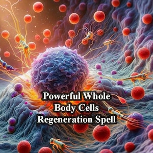 Puede incluir: Una ilustración colorida de células con una célula morada en el centro. El texto "Powerful Whole Body Cells Regeneration Spell" está escrito en letras blancas sobre un fondo rojo.