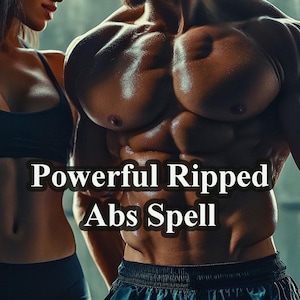 May include: A man and a woman with defined abs, both wearing black workout clothing. The text "Powerful Ripped Abs Spell" is superimposed on the image.