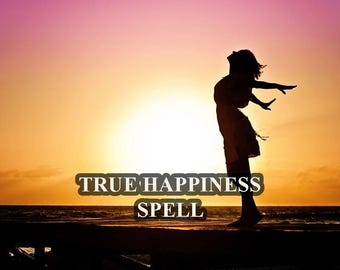 May include: Silhouette of a person with arms outstretched, standing on a wooden dock with a body of water in the background. The sky is a vibrant orange and pink with the sun setting in the distance. The text "TRUE HAPPINESS SPELL" is superimposed on the image.