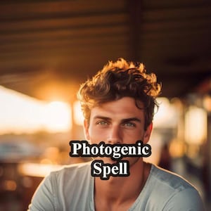 May include: A man with curly brown hair and blue eyes is smiling at the camera. The text "Photogenic Spell" is superimposed over the image.