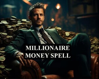 Puede incluir: Un hombre con un traje verde se sienta en una silla rodeado de monedas de oro. El texto "MILLIONAIRE MONEY SPELL" está superpuesto a la imagen.