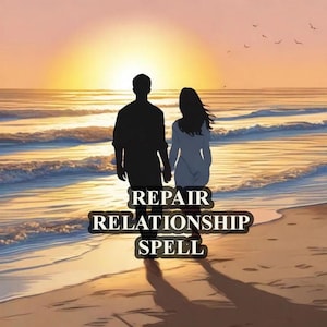 Puede incluir: Ilustración digital de una pareja caminando por una playa al atardecer. Las siluetas de dos personas tomadas de la mano están en primer plano. El texto de la imagen dice "REPAIR RELATIONSHIP SPELL". El cielo es un degradado de naranja y amarillo.