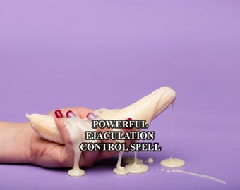 Pode incluir: Uma mão com verniz vermelho segurando uma banana, com uma substância cremosa branca pingando dela. O texto "POWERFUL EJACULATION CONTROL SPELL" é sobreposto na imagem, em um fundo roxo.