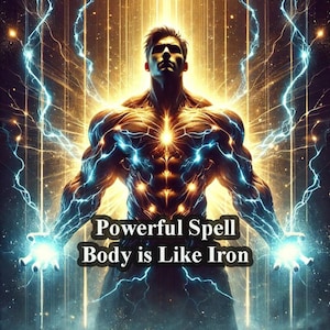 May include: A powerful, muscular figure with glowing blue and yellow energy radiating from their body. The figure is standing with their arms outstretched, and the text "Powerful Spell Body is Like Iron" is written below them.