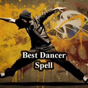 May include: A dancer in black clothing and a beanie is captured mid-air against a graffiti-style background with the text "Best Dancer Spell". The background features yellow and orange paint splatters.