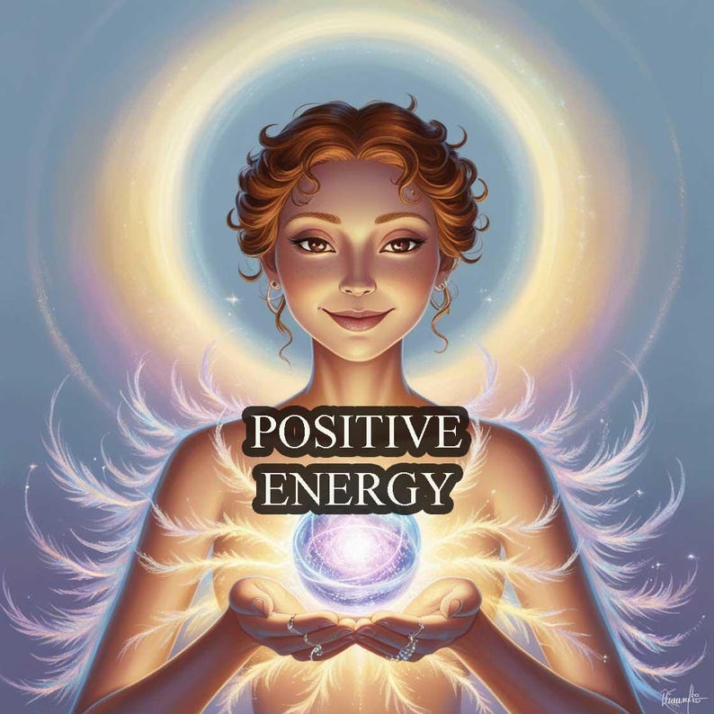May include: A woman with long brown hair holds a glowing orb in her hands. The orb is surrounded by a white halo and the words "POSITIVE ENERGY" are written in black letters.