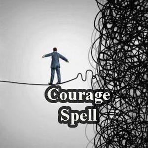 Op de afbeelding: Een persoon loopt op een touw, met een wirwar van zwarte lijnen voor zich. De tekst "Courage Spell" staat onder het touw.