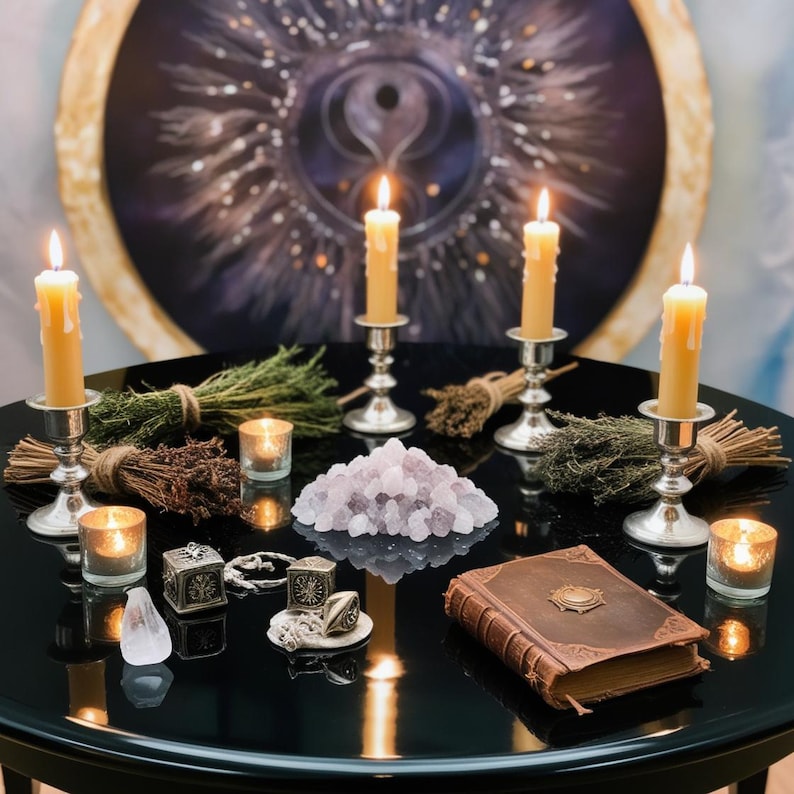 May include: A black table with a variety of items on it, including four lit candles, a pile of pink crystals, two small metal boxes, a book, and several small glass candle holders. The table is set against a backdrop of a large, circular painting with a swirling design.