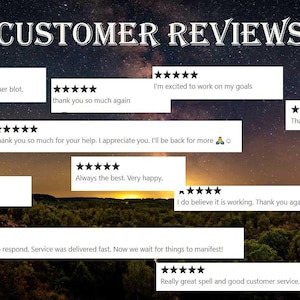 May include: A collage of customer reviews with five-star ratings and positive comments about a service or product. The reviews are displayed on a background of a starry night sky and a forest.