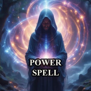 May include: A hooded figure stands in a mystical forest, surrounded by swirling purple and orange light. The figure is holding out their hands, and the light is emanating from them. The text "POWER SPELL" is written in white letters below the figure.