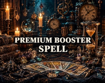 May include: A dark, atmospheric scene featuring the text PREMIUM BOOSTER SPELL centered over a collection of tarot cards, lit candles, an hourglass, a crystal ball, antique clocks, and a skull, all arranged on a dark, textured surface.