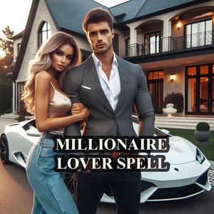 Op de afbeelding: Een stel staat voor een groot huis en een witte sportwagen. De tekst "MILLIONAIRE LOVER SPELL" is over de afbeelding gelegd.