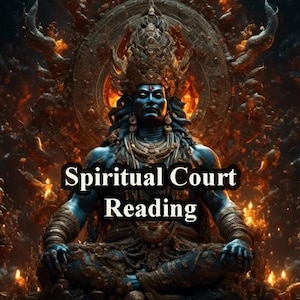 Puede incluir: Una deidad azul con una corona se sienta en un trono con un fondo de fuego. El texto "Spiritual Court Reading" se muestra frente a la deidad.