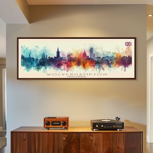 Wolverhampton England Panoramic Travel Poster, Framed Canvas Print or Metal Art, Travel Art, Home Decor, Panoramic Painting, Midcentury Art
