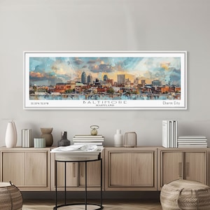 Baltimore Maryland Panoramic Watercolor Painting: Framed City Art Canvas Print
