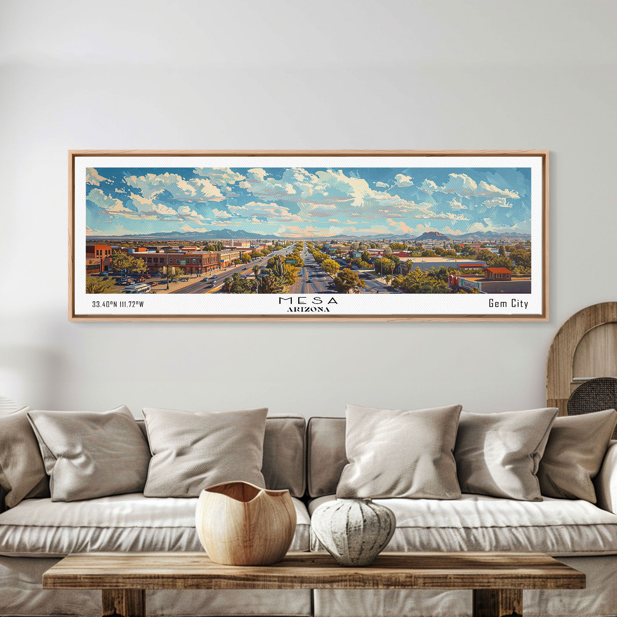 Mesa Arizona Panoramic Canvas Print: Watercolor Cityscape Wall Art