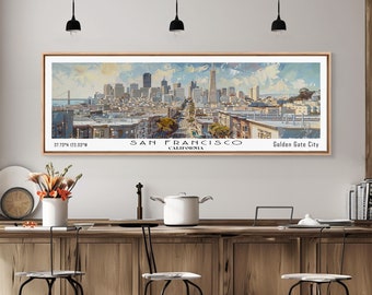 Może przedstawiać: Panoramiczny widok na panoramę San Francisco z mostem Golden Gate w oddali. Tekst "San Francisco, Kalifornia" i "Golden Gate City" jest wydrukowany pod obrazem.