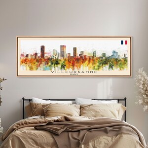 Villeurbanne France Panoramic Travel Poster, Framed Canvas Print or Metal Wall Art, Travel Art Home Decor, Panoramic Painting Midcentury Art