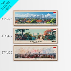May include: Three different styles of art prints featuring a cityscape of Tangerang, Indonesia. The prints are in a light wood frame with a white mat. The first print shows a wide view of the city with a blue sky and white clouds. The second print shows a street scene with trees and buildings. The third print shows a more abstract view of the city with a red and orange color scheme.