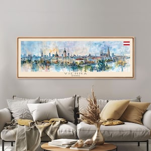 Vienna Austria Panoramic Travel Poster, Framed Canvas Print or Metal Wall Art, Travel Art, Home Decor, Panoramic Painting, Midcentury Art