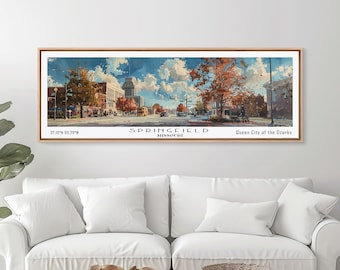 May include: A vintage-style illustration of Springfield, Missouri, with the text "Springfield, Missouri, Queen City of the Ozarks" and coordinates "37.18°N 93.29°W". The image depicts a street scene with buildings, trees, and cars in an autumnal setting.