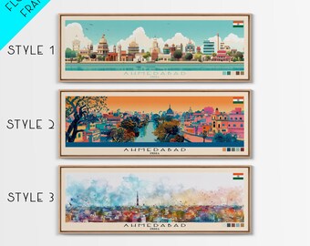 May include: Three different styles of art prints featuring a cityscape of Ahmedabad, India. The top print is a colourful illustration with a blue sky and white clouds. The middle print is a more detailed illustration with a river running through the city. The bottom print is a watercolour painting with a more abstract style.