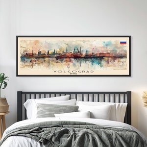 Volgograd Russia Panoramic Travel Poster, Framed Canvas Print or Metal Wall Art, Travel Art, Home Decor, Panoramic Painting, Midcentury Art