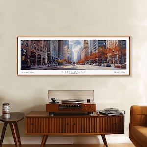 Chicago Illinois Panoramic Watercolor Painting Framed Canvas Print, Travel Poster Art, Home Decor, Living Room Wall Art, Office Decor