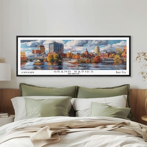 May include: A panoramic illustration of the Grand Rapids skyline in Michigan. The cityscape features buildings, trees, and a river. The text "Grand Rapids, Michigan" and "Beer City" are at the bottom of the image.
