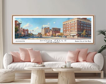 May include: A vintage-style illustration of a city street scene in Sioux Falls, South Dakota. The image features a wide street with buildings on both sides, including a tall brick building with a sign that reads "Queen City of the West". The sky is blue with white clouds, and there are cars and trees in the distance.