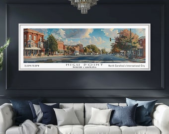 May include: A vintage-style illustration of a street scene in High Point, North Carolina. The image features a street lined with buildings, trees, and cars. The text "High Point, North Carolina" and "North Carolina's International City" is visible at the bottom of the image.