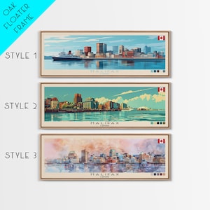 May include: Three different styles of city skyline art prints featuring Halifax, Canada. The prints are in a vintage style with a blue, green, and orange color palette. The prints are framed in a light wood frame.