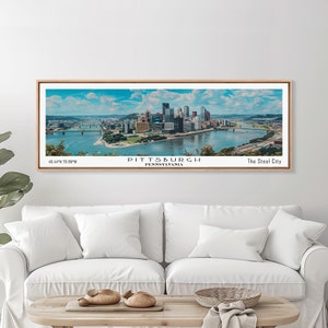 Pittsburgh Pennsylvania Panoramic Canvas Print: Cityscape Watercolor Art