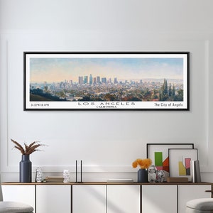May include: A panoramic view of the Los Angeles skyline with the text "Los Angeles, California, The City of Angels" and coordinates "34.0522° N 118.2437° W".
