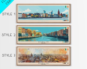 Puede incluir: Tres estilos diferentes de impresiones del horizonte de la ciudad de Dublín, Irlanda. Cada impresión presenta un estilo artístico y una paleta de colores diferentes. Las impresiones están enmarcadas en un marco de madera claro con un passe-partout blanco.