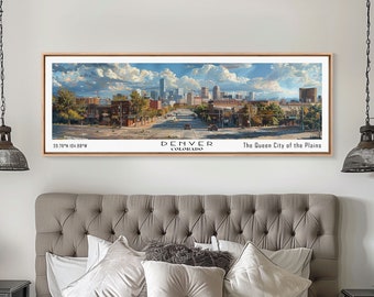 May include: A panoramic view of the Denver skyline with the text "DENVER COLORADO" and "The Queen City of the Plains" below the image. The coordinates "39.76°N 104.88°W" are in the bottom left corner of the image.