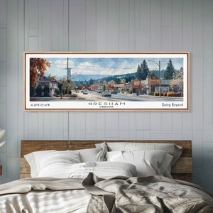 May include: A watercolor painting of a street scene in Gresham, Oregon. The painting depicts a street lined with trees and buildings, with cars driving down the road. The text "Gresham, Oregon" and "Going Beyond" are visible in the painting.