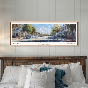 Cary North Carolina Watercolor Painting: Panoramic Framed Canvas Art