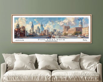 May include: A vintage-style illustration of the Philadelphia skyline with the text "Philadelphia, Pennsylvania" and "Philly" at the bottom. The illustration is in a wooden frame.