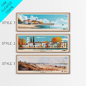 May include: Three different styles of illustrations of the city of Corrientes, Argentina. The first style is a colorful illustration of the city with a lighthouse and a boat in the water. The second style is a more detailed illustration of the city with buildings and trees. The third style is a more abstract illustration of the city with a river and hills.
