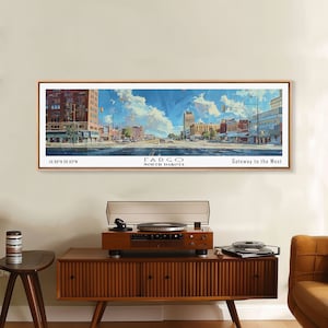 Fargo North Dakota Panoramic Watercolor Painting, Framed Canvas Print, Urban Wall Art for Office, Travel Decor, City Print, Gift Idea