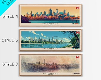 Könnte beinhalten: Drei verschiedene Stile von Kunstdrucken der Skyline von Winnipeg, Kanada. Jeder Druck zeigt eine Aquarell-Illustration der Skyline im Vintage-Stil. Die Drucke sind in einem hellen Holzrahmen gerahmt.