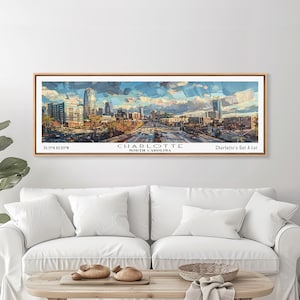 Charlotte North Carolina Skyline: Watercolor Framed Canvas Print