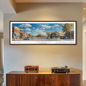 Ontario California Panoramic Painting: Framed Watercolor Cityscape Canvas Art