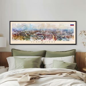 Vladikavkaz Russia Panoramic Travel Poster, Framed Canvas Print or Metal Wall Art, Travel Art Home Decor, Panoramic Painting, Midcentury Art