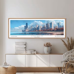Chicago Illinois Panoramic Watercolor Painting Framed Canvas Print, Travel Poster Art, Bedroom Wall Art, Living Room Decor, Windy City Gift