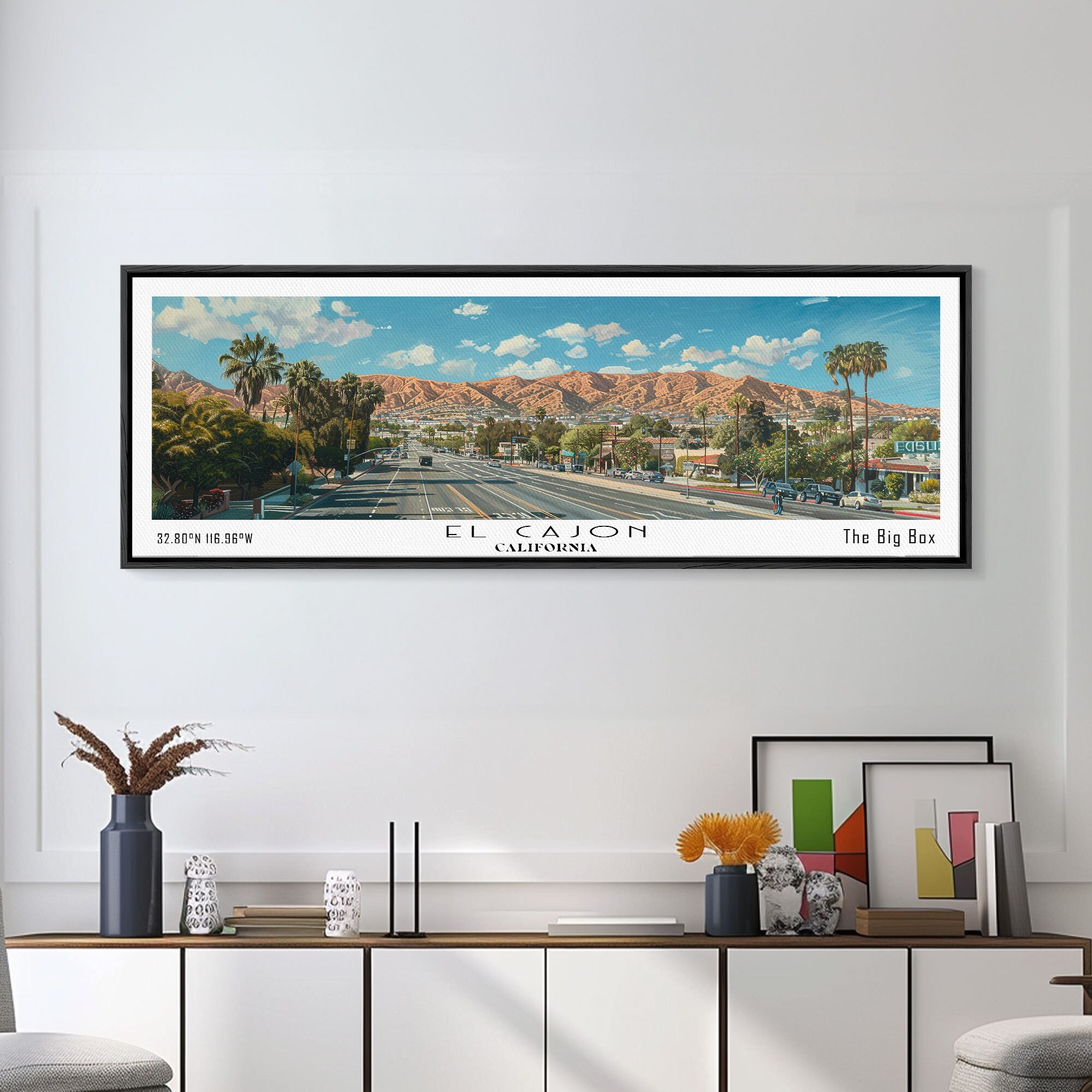 El Cajon California Panoramic Watercolor Canvas Print: Urban Travel Art